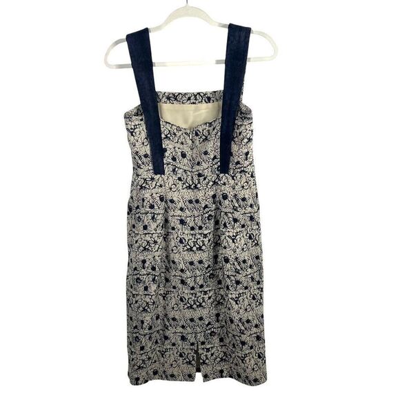 Adam Lippes New w Tags ! Beige & Navy Floral Linen-Cotton Jacquard Sheath Dress - Picture 7 of 13